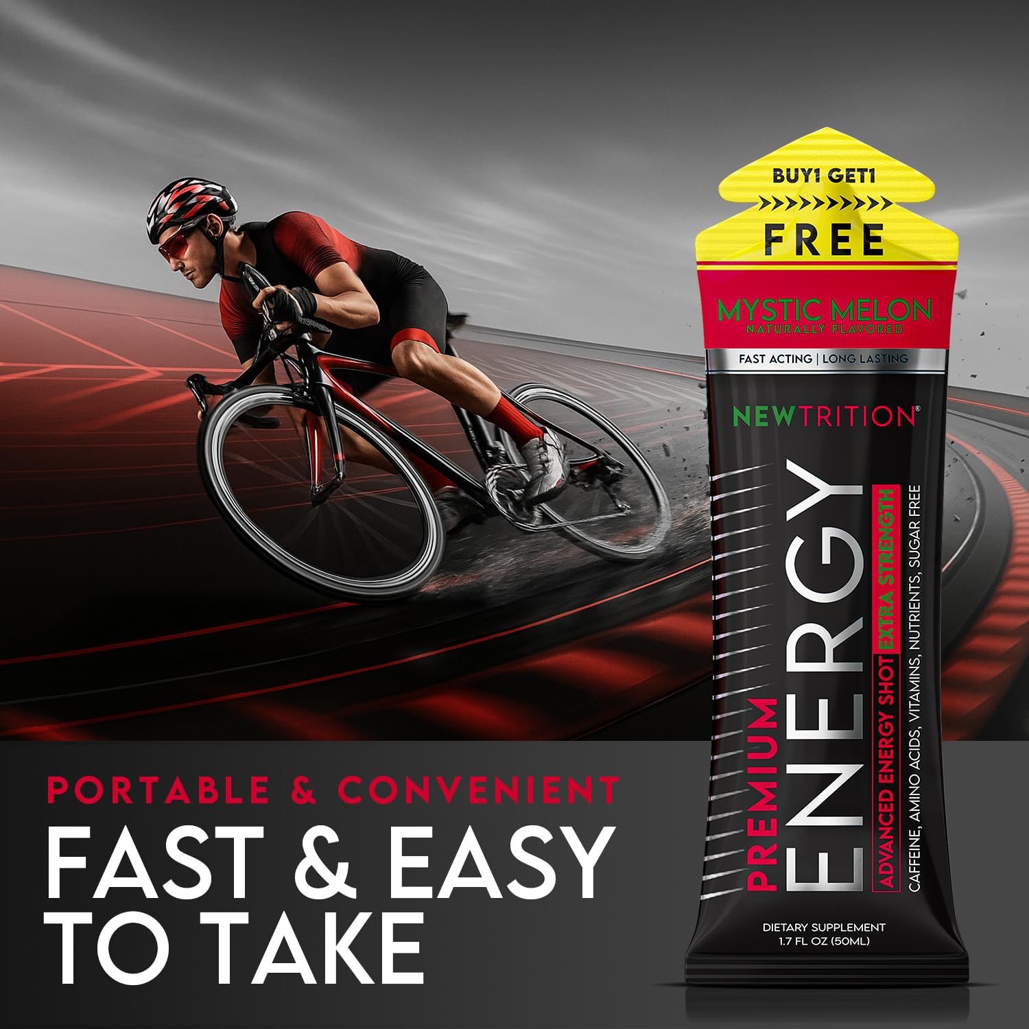 NewTrition compact bottle fits desk or gym bag for quick energy.