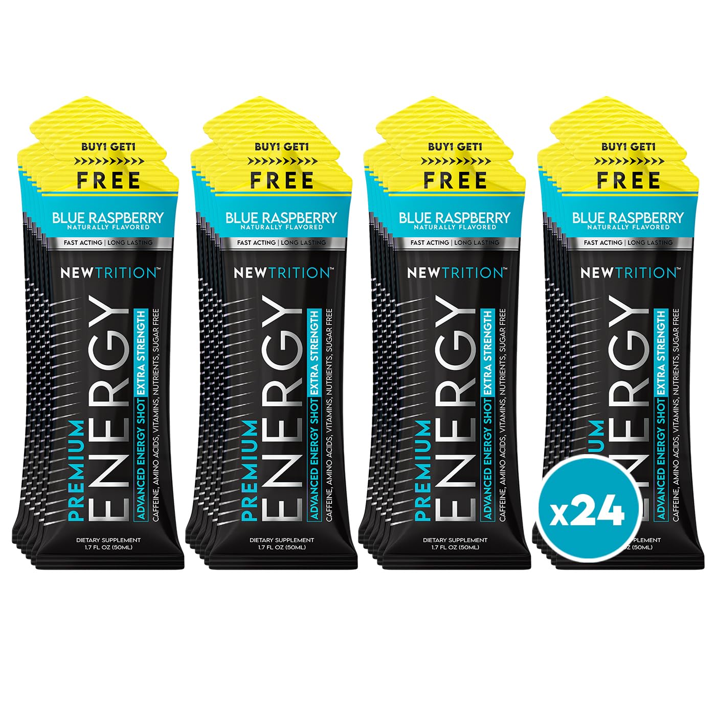 NewTrition Extra Strength Energy Shot blue raspberry bottle boosts focus and energy on the go.