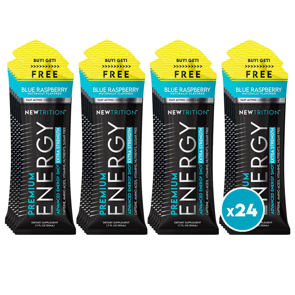 NewTrition Extra Strength Energy Shot blue raspberry bottle boosts focus and energy on the go.