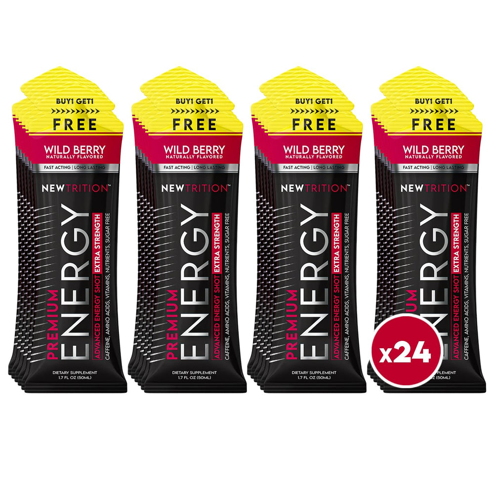 NewTrition Extra Strength Energy Shot bottle front view highlighting caffeine boost