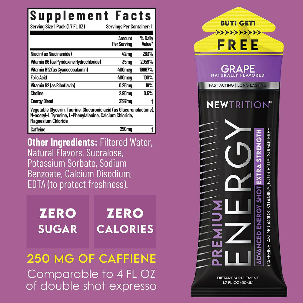 NewTrition grape energy shot bottle back shows nutrition details for informed use