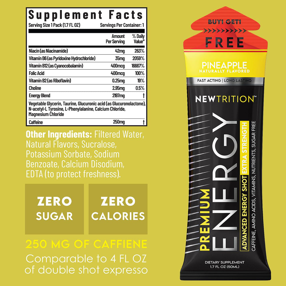 NewTrition Extra Strength Energy Shot label highlights zero sugar and calories.