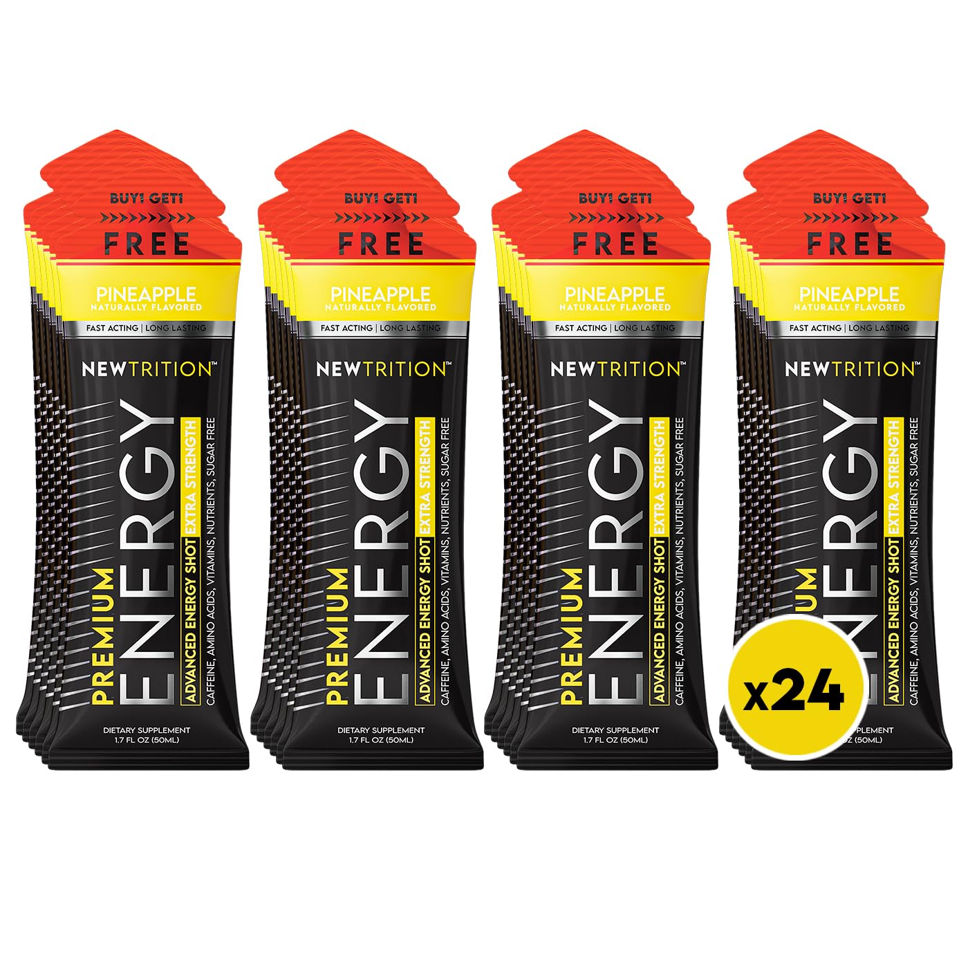 NewTrition Extra Strength Energy Shot Pineapple bottle boosts focus and sustained energy.
