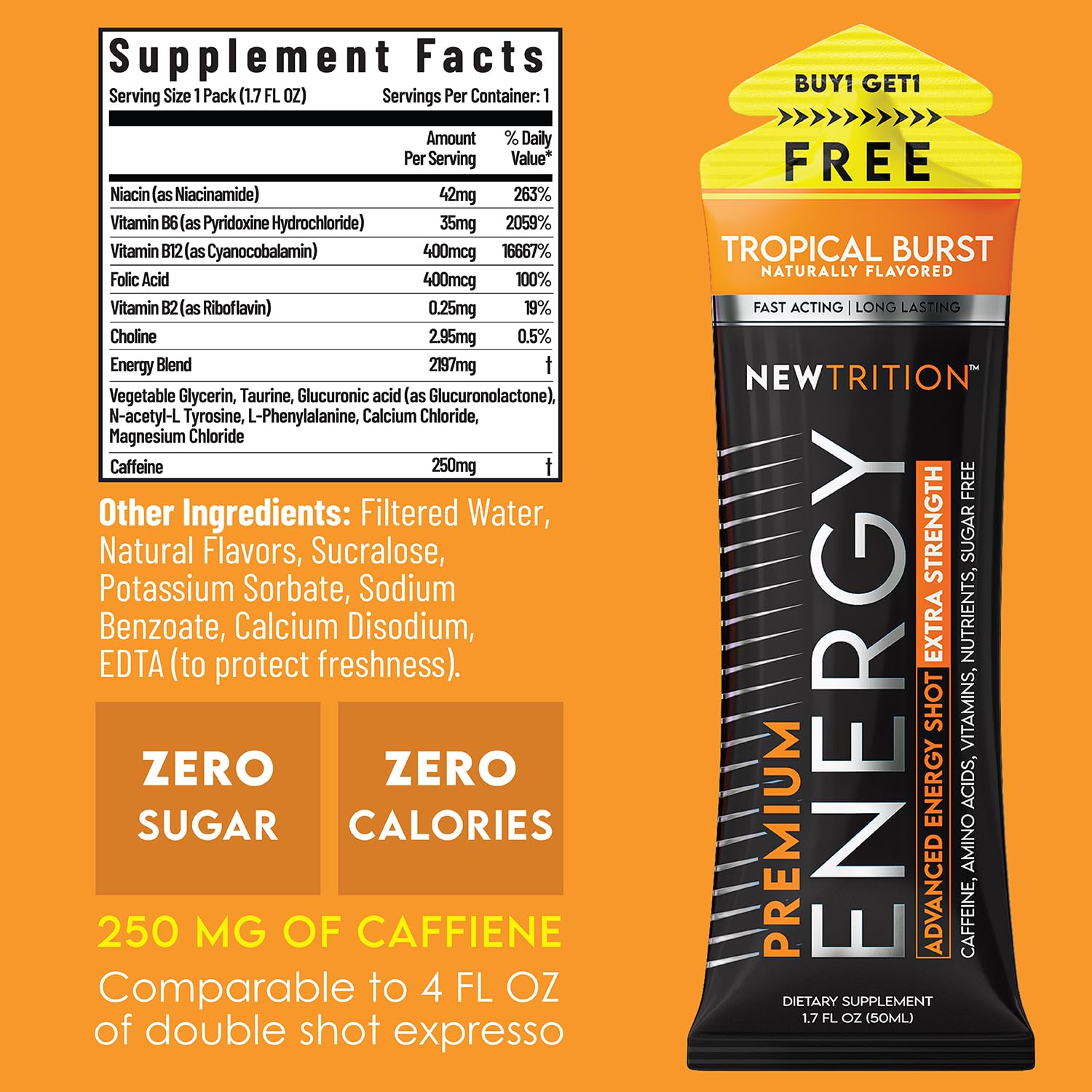 NewTrition Tropical Burst pour showing a quick caffeine lift without sugar crash.