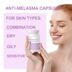 Newureho Melanina Anti-Melasma capsules packaging box highlighting plant-based formula benefits.