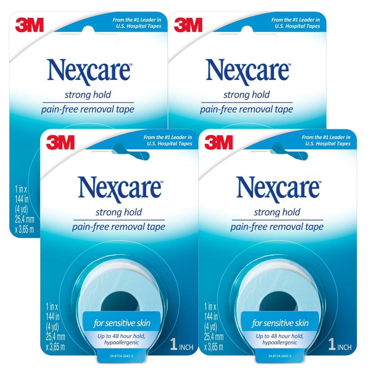 Nexcare Sensitive Skin Low Trauma Tape pack of four rolls showing gentle adhesion for delicate skin
