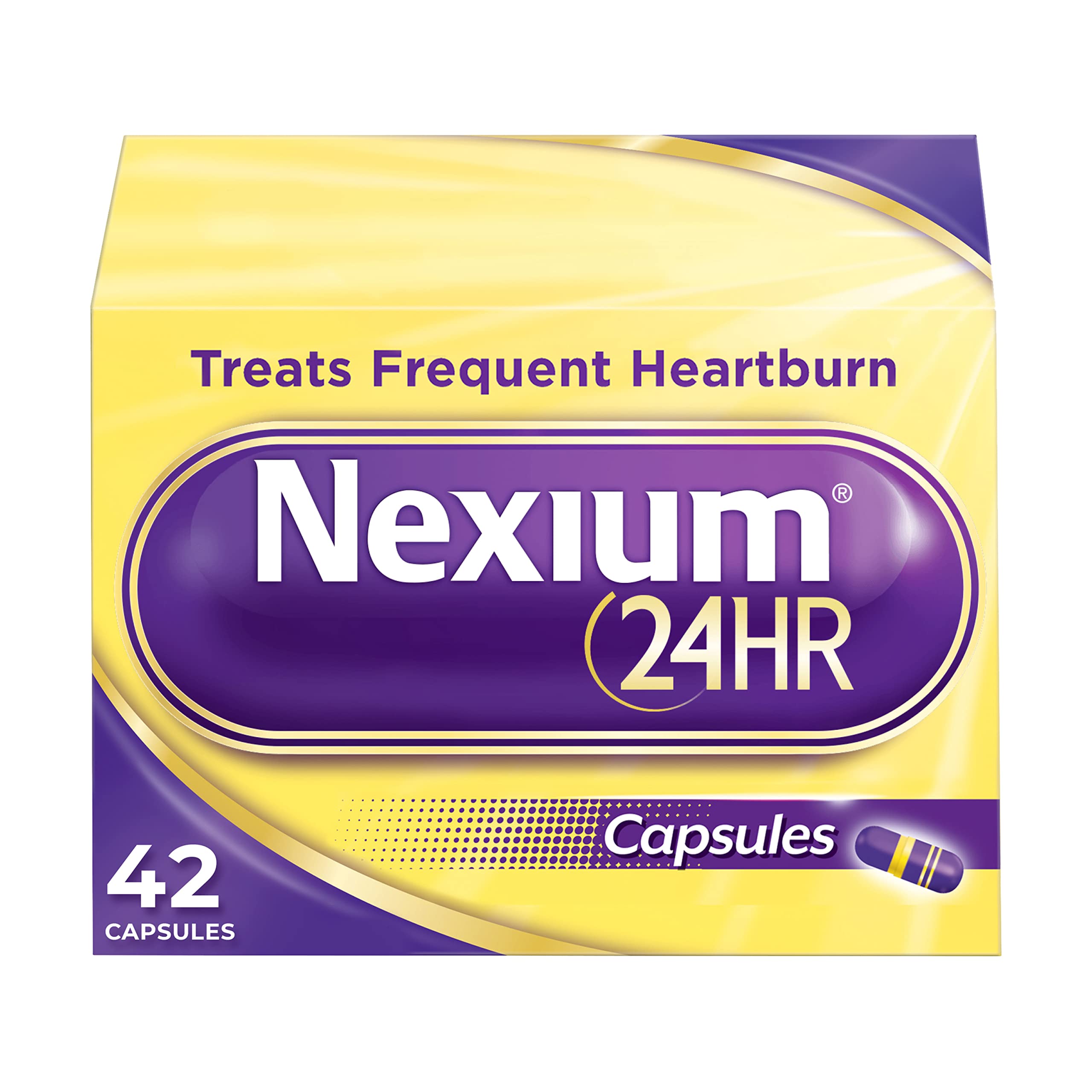 Nexium 24HR capsules in a bottle, daily heartburn protection.