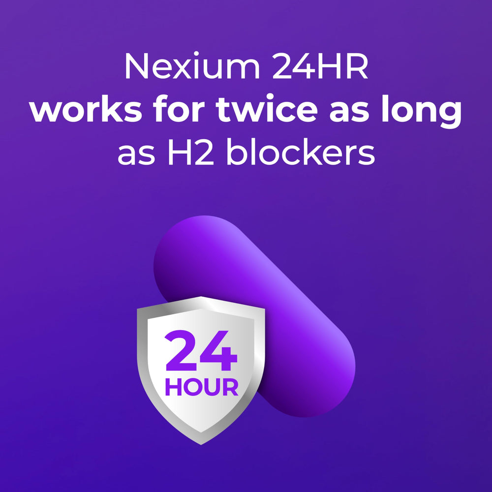 Nexium 24HR delayed-release capsules illustrate long-lasting relief potential.