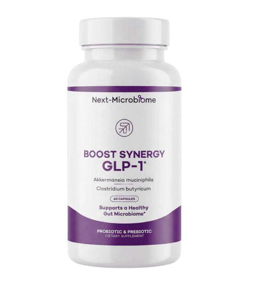 NEXT-MICROBIOME Boost Synergy Akkermansia bottle highlights gut support and metabolic balance.