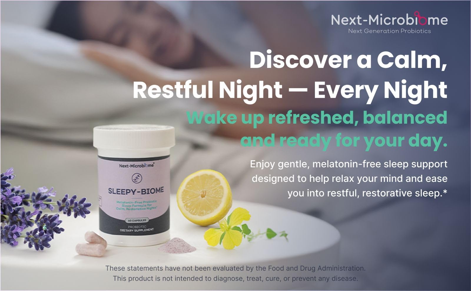 Sleepy-Biome capsules close-up supporting gut–brain balance at night