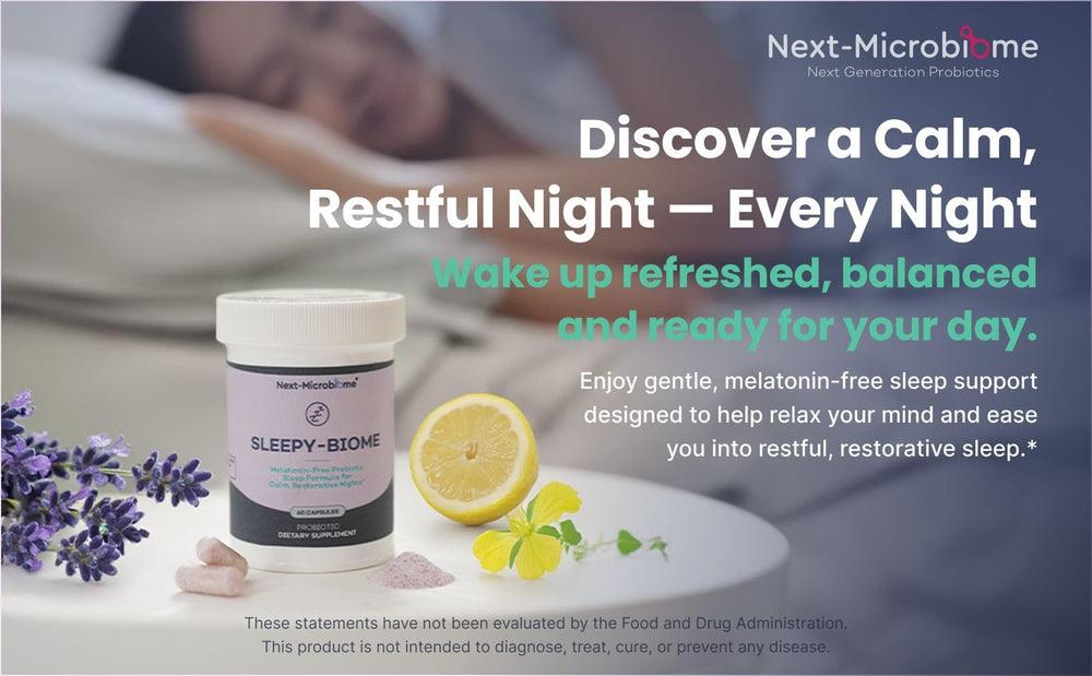 Sleepy-Biome capsules close-up supporting gut–brain balance at night