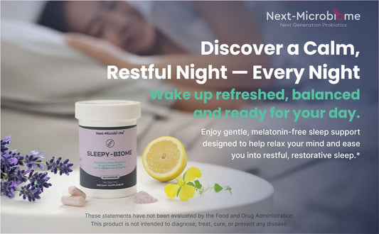 Sleepy-Biome capsules close-up supporting gut–brain balance at night