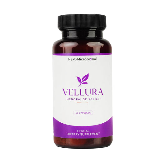 NEXT-MICROBIOME Vellura bottle front for holistic menopause support.