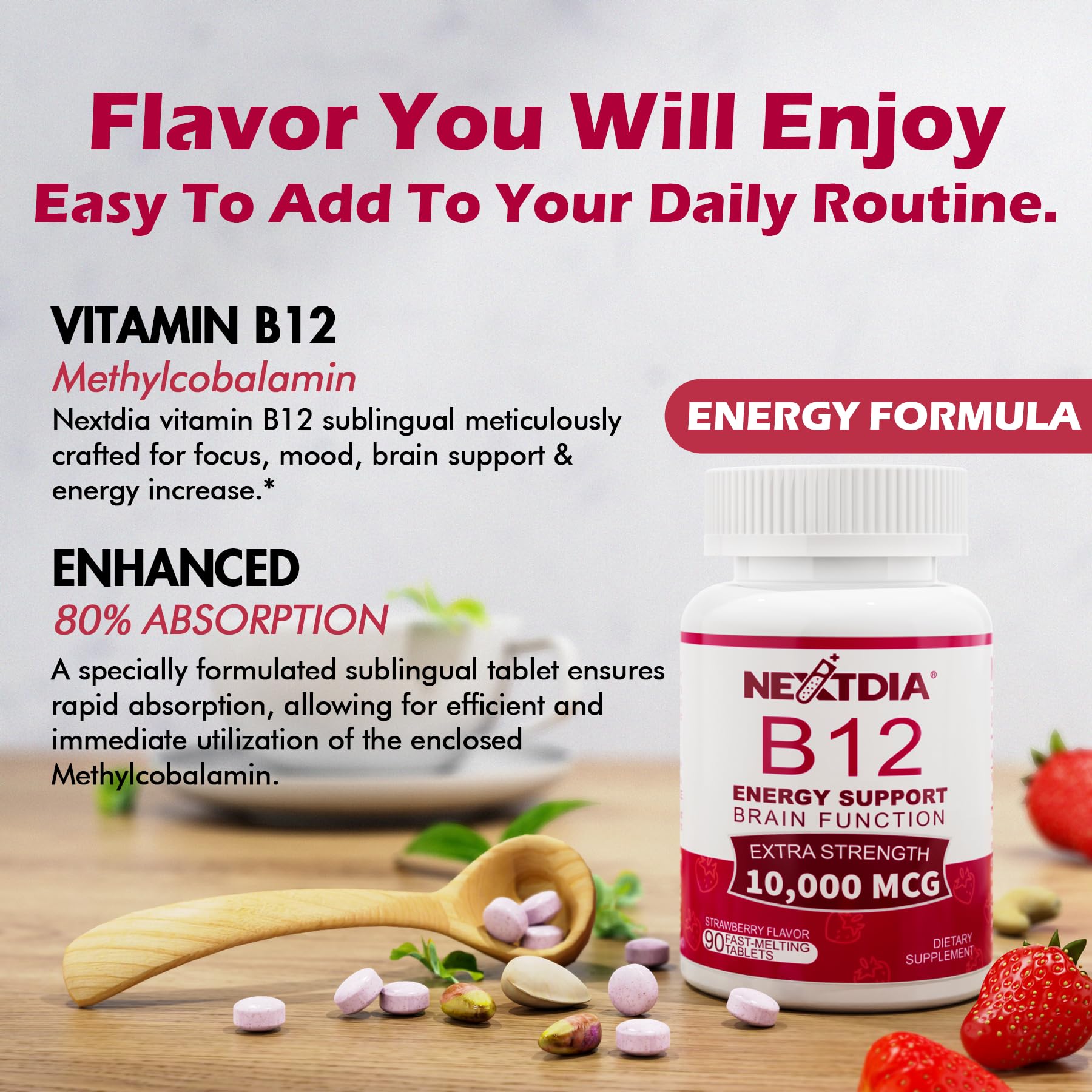 Nextdia B12 daily supplement packaging highlights a six-month supply.