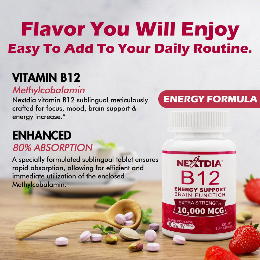 Nextdia B12 daily supplement packaging highlights a six-month supply.