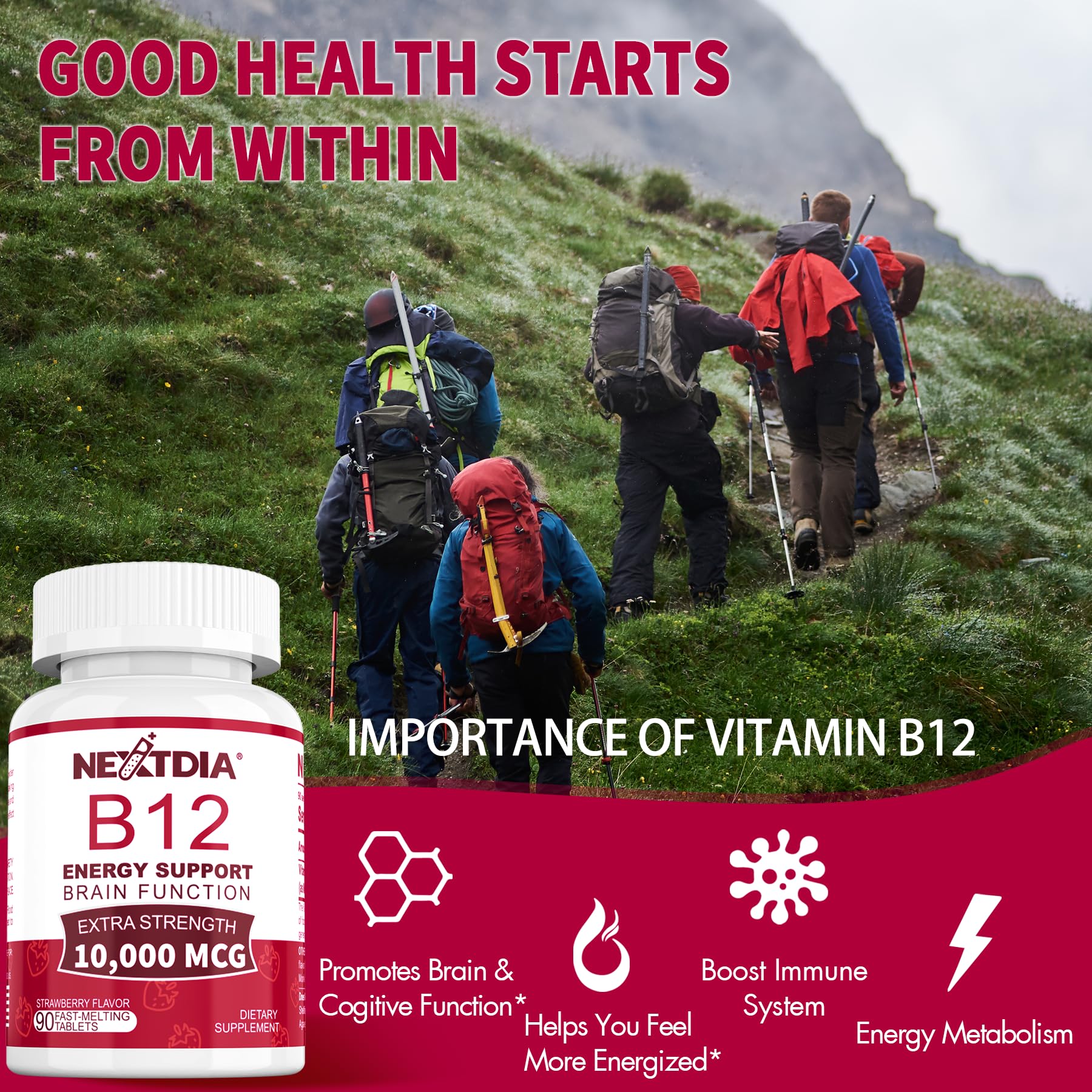 Nextdia B12 strawberry-flavored chewable tablet boosts mood and focus.