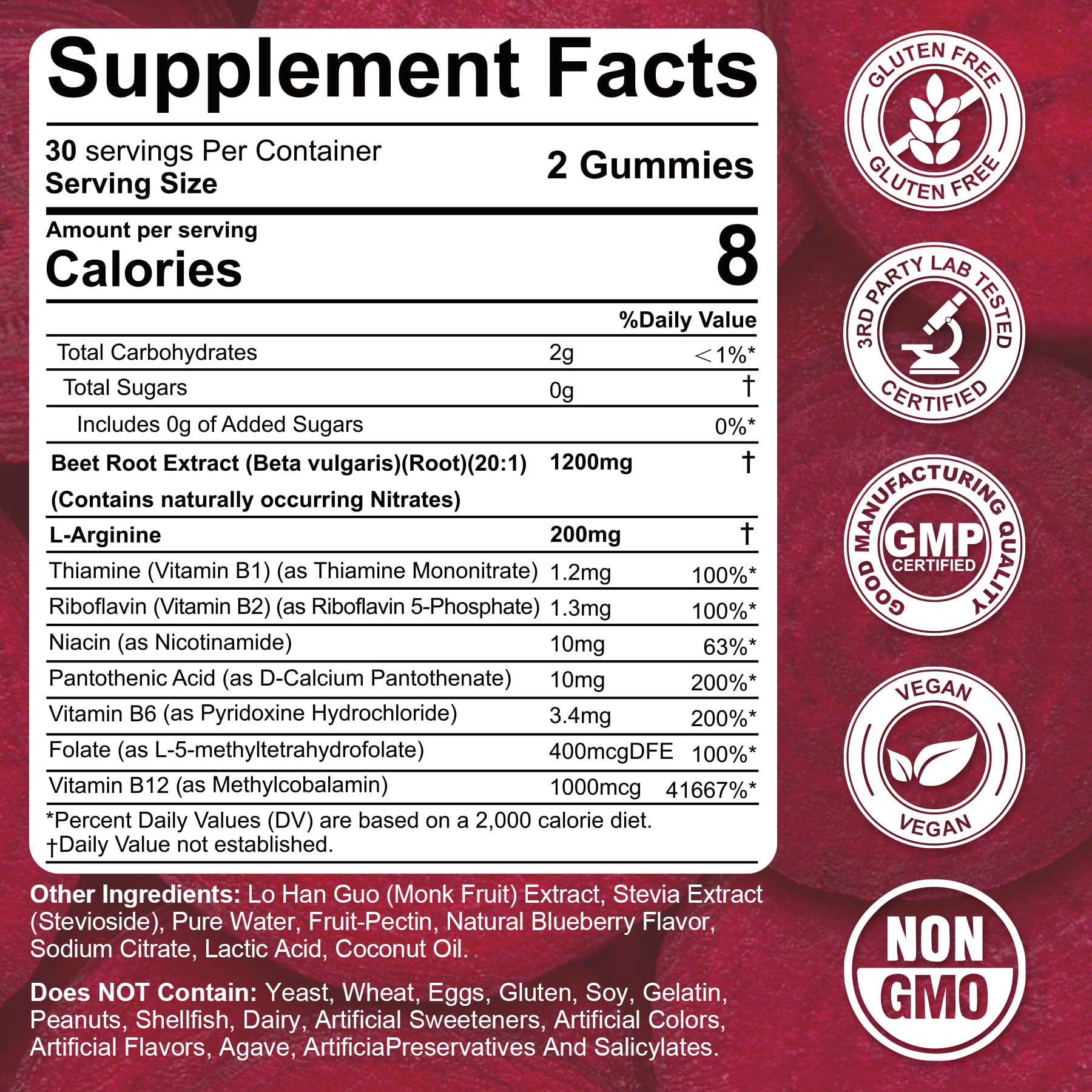 Close-up of Nextdia Beet Root Gummies bottle label and ingredients.