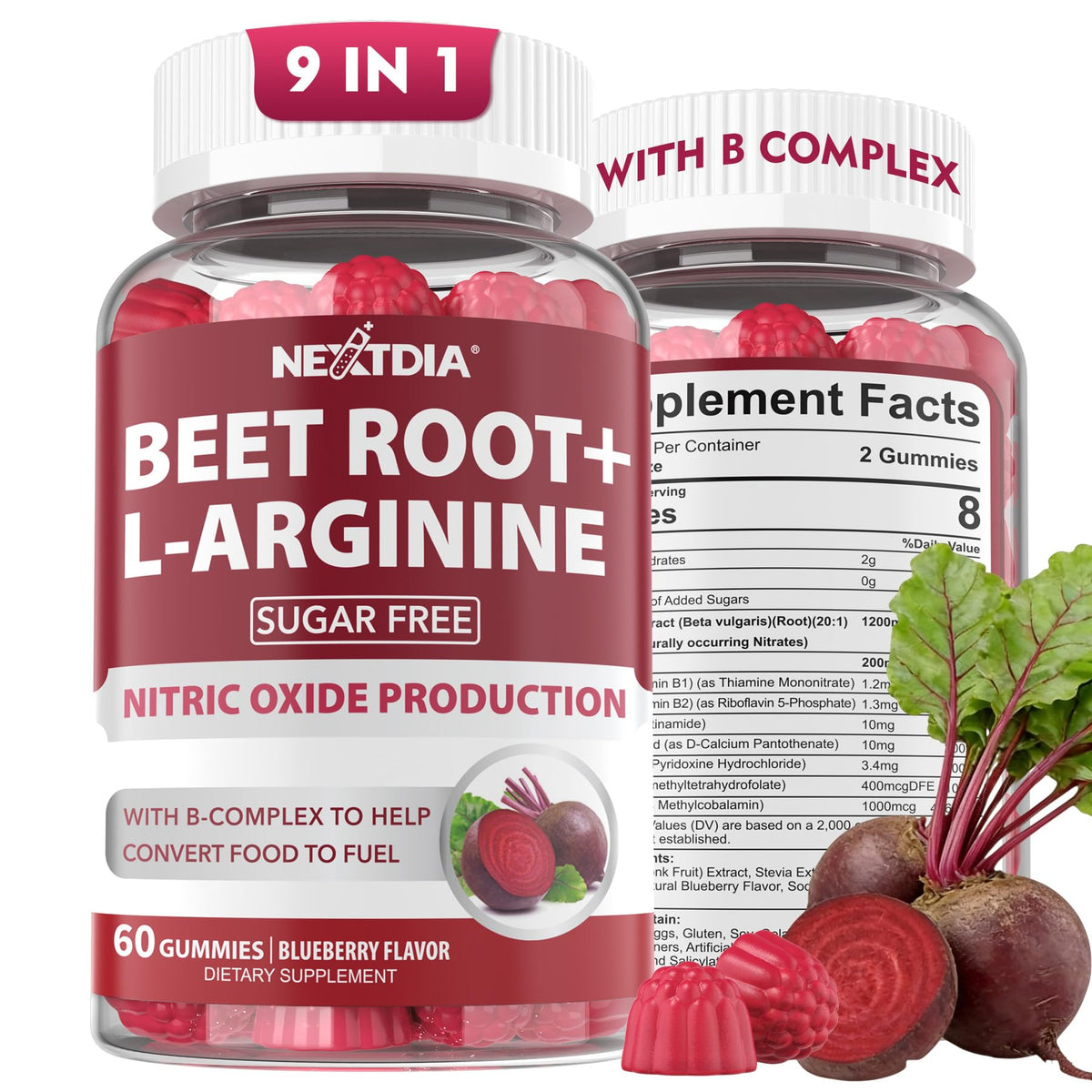 Nextdia Beet Root Gummies pack shot highlighting energy support for daily use.