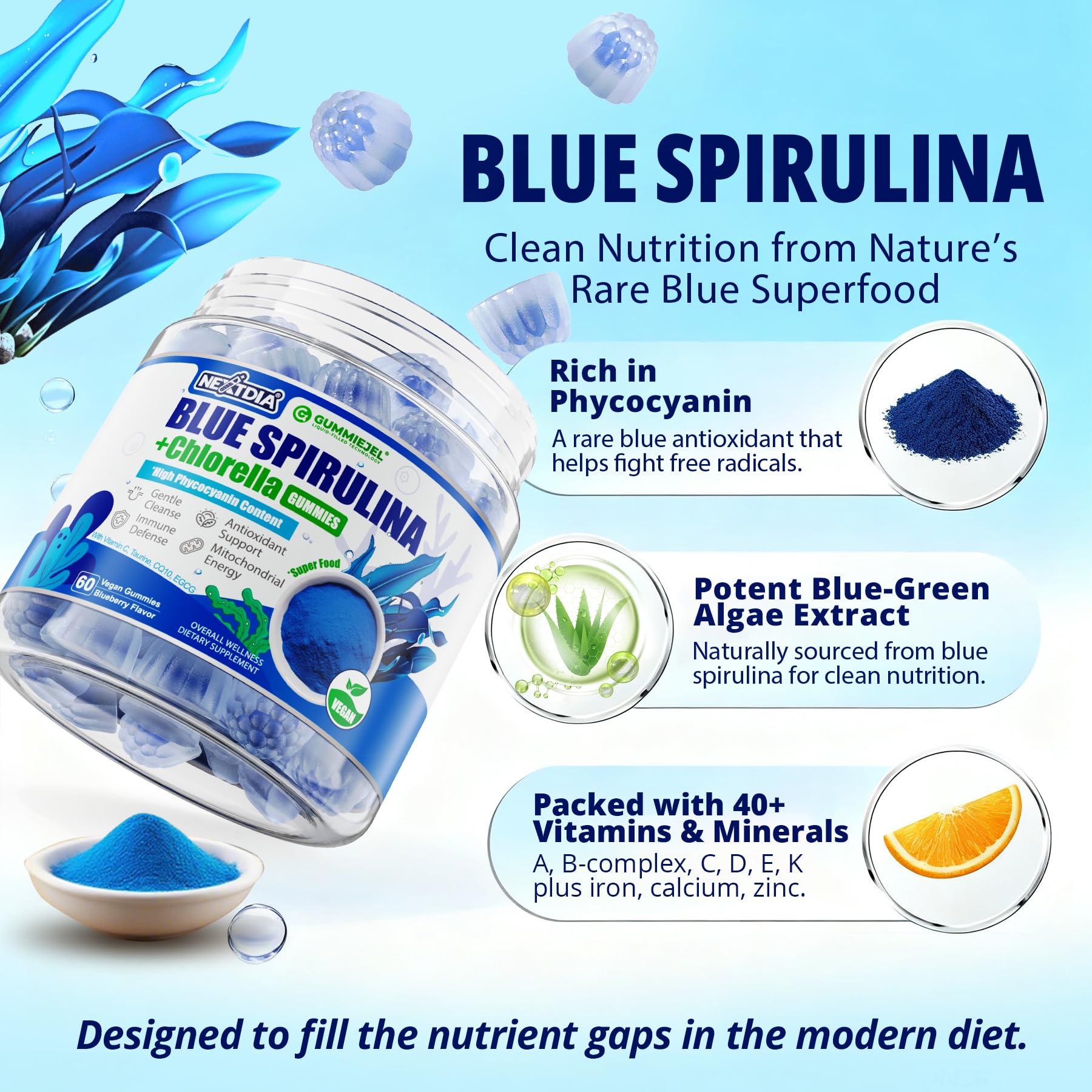 Nextdia Blue Spirulina Gummies CoQ10 boost for daily vitality.