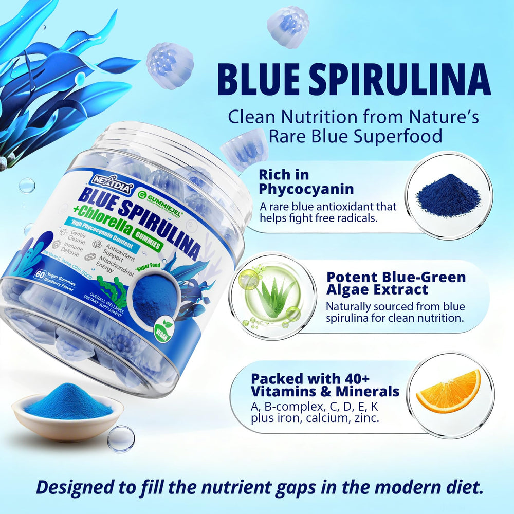 Nextdia Blue Spirulina Gummies CoQ10 boost for daily vitality.