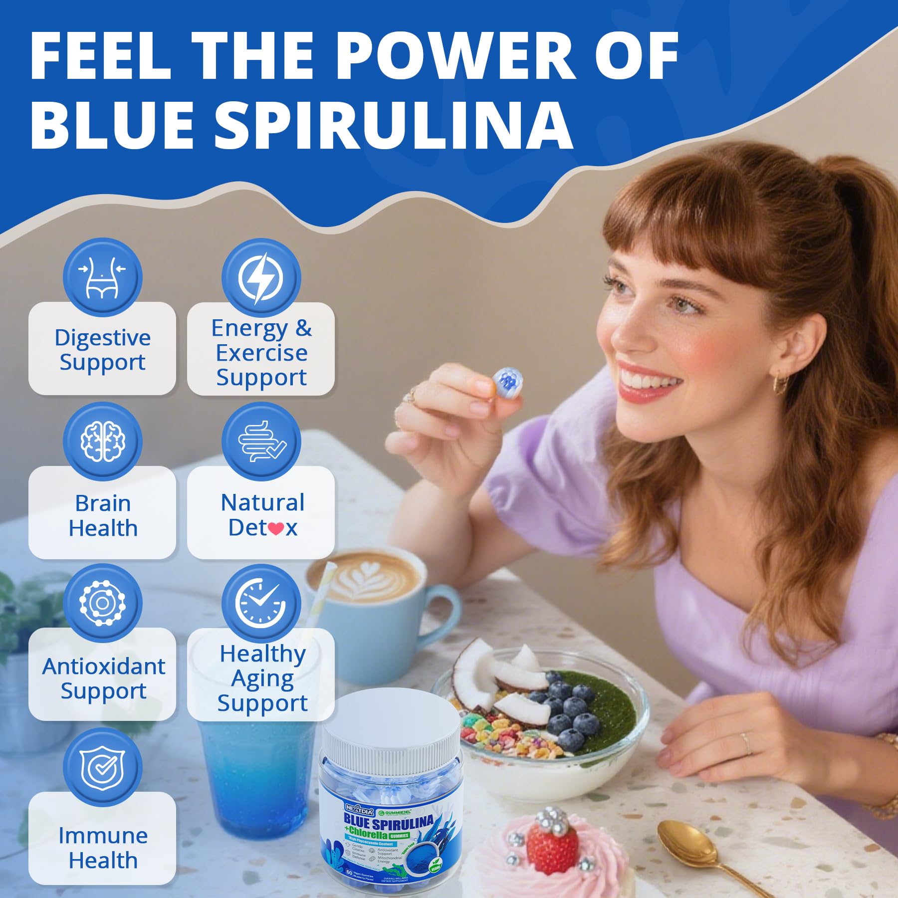 Nextdia Blue Spirulina Gummies ingredient panel shows vegan and gluten-free formula.