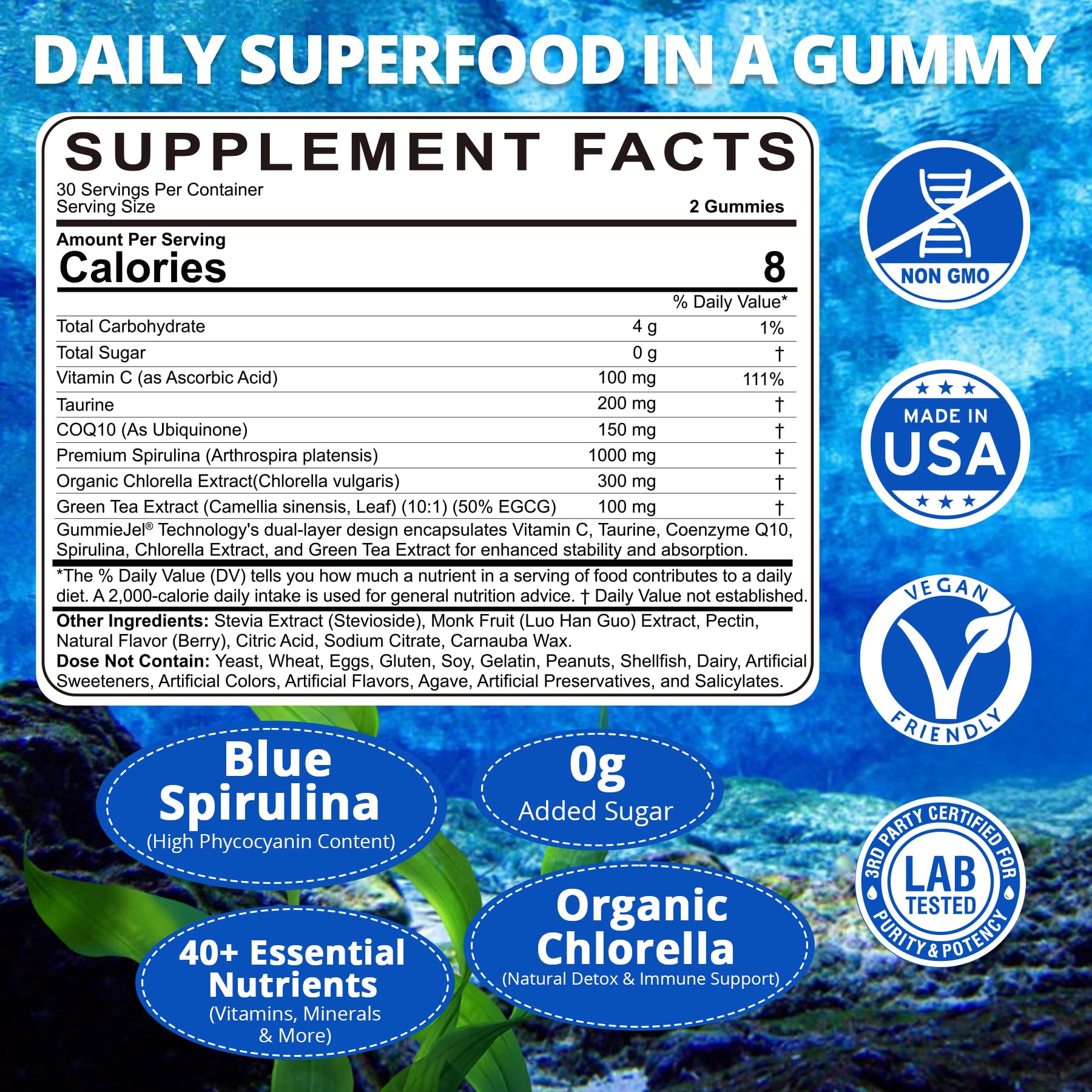Nextdia Blue Spirulina Gummies juicy blueberry center highlighting antioxidant-rich formula.