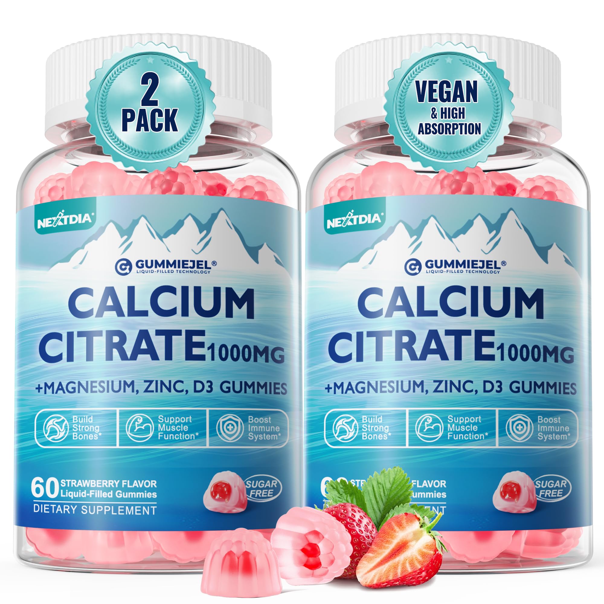Nextdia calcium citrate 1000mg bottle with strawberry gummies for daily bone support