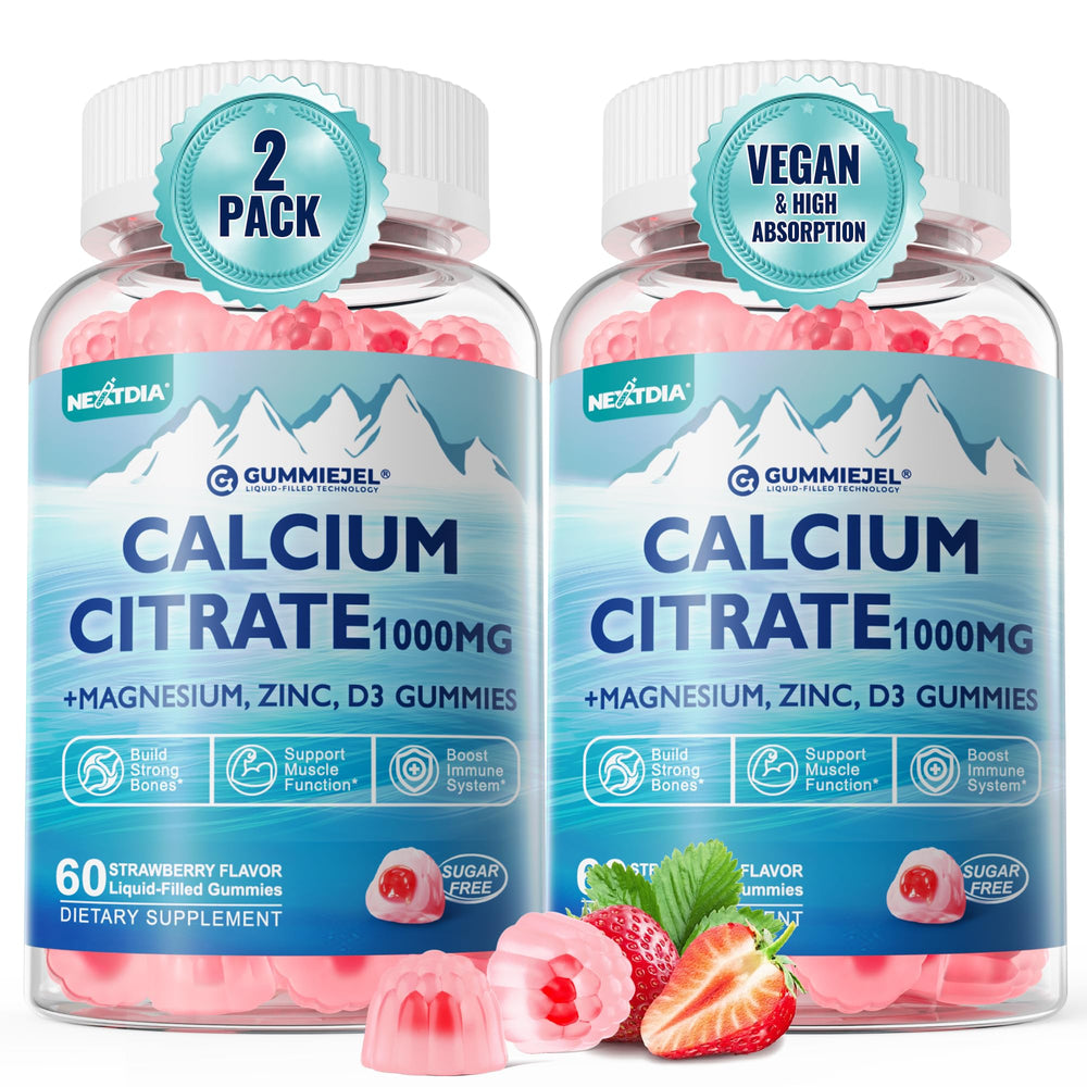Nextdia calcium citrate 1000mg bottle with strawberry gummies for daily bone support
