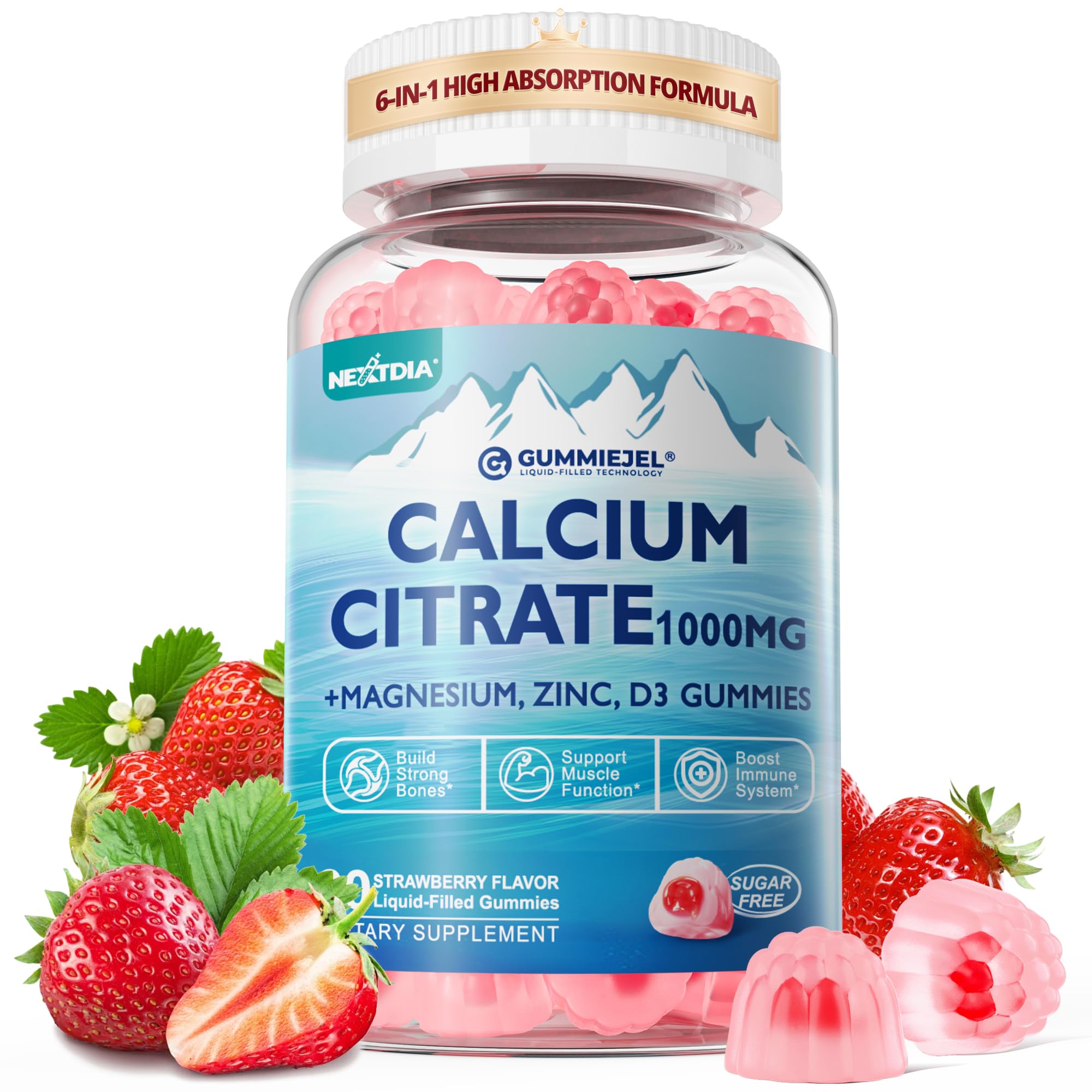 Nextdia calcium citrate 1000mg bottle highlights bone support and absorption.