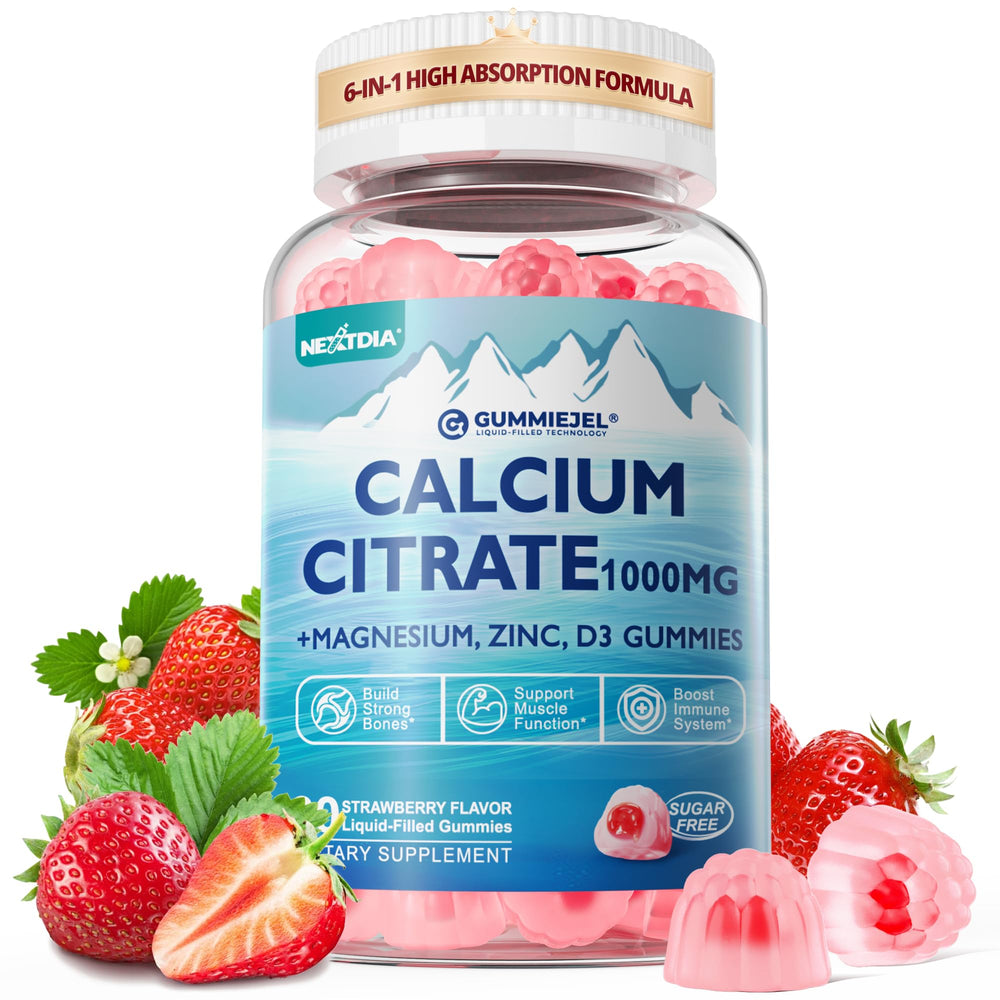 Nextdia calcium citrate 1000mg bottle highlights bone support and absorption.
