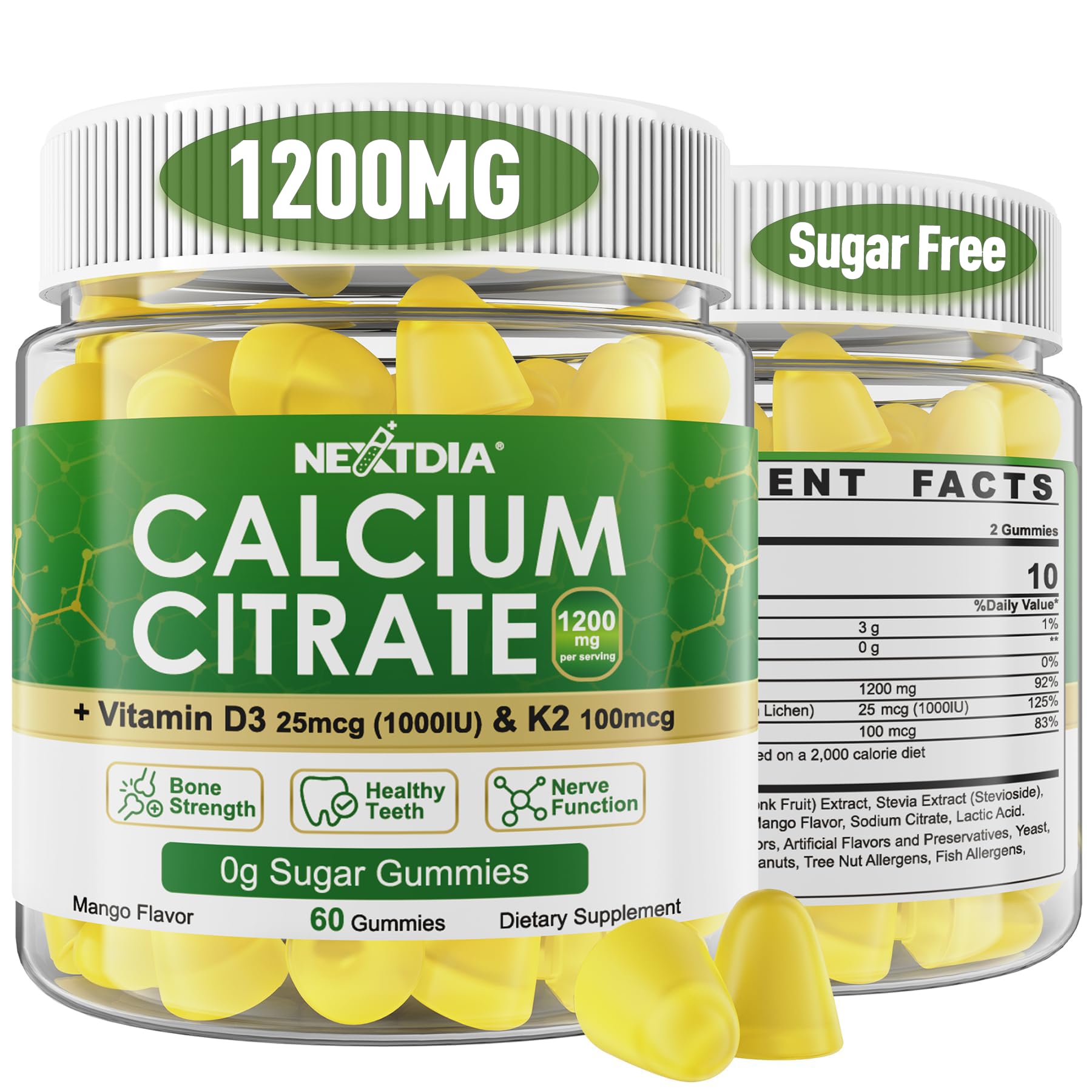 Nextdia Calcium Citrate Gummies bottle-front showcasing mango flavor and high potency.