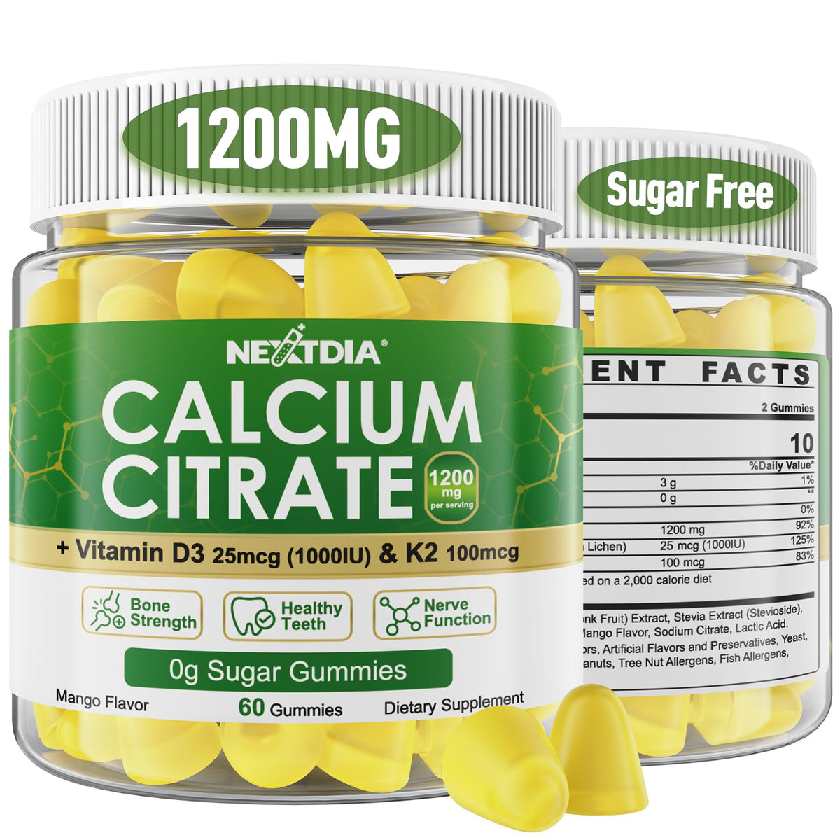 Nextdia Calcium Citrate Gummies bottle-front showcasing mango flavor and high potency.