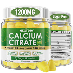 Nextdia Calcium Citrate Gummies bottle-front showcasing mango flavor and high potency.