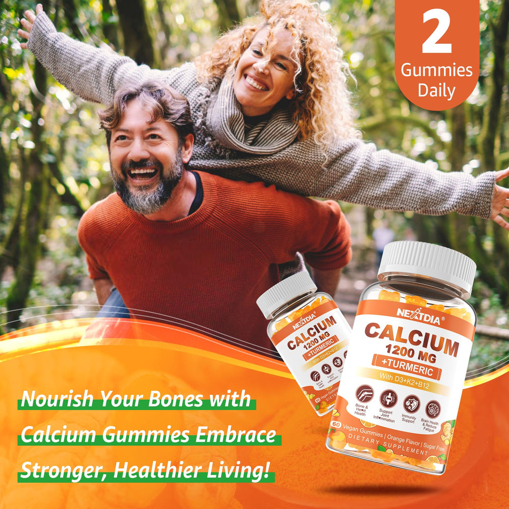 Nextdia Calcium Gummies label shows sugar-free, gluten-free, and vegan formula.