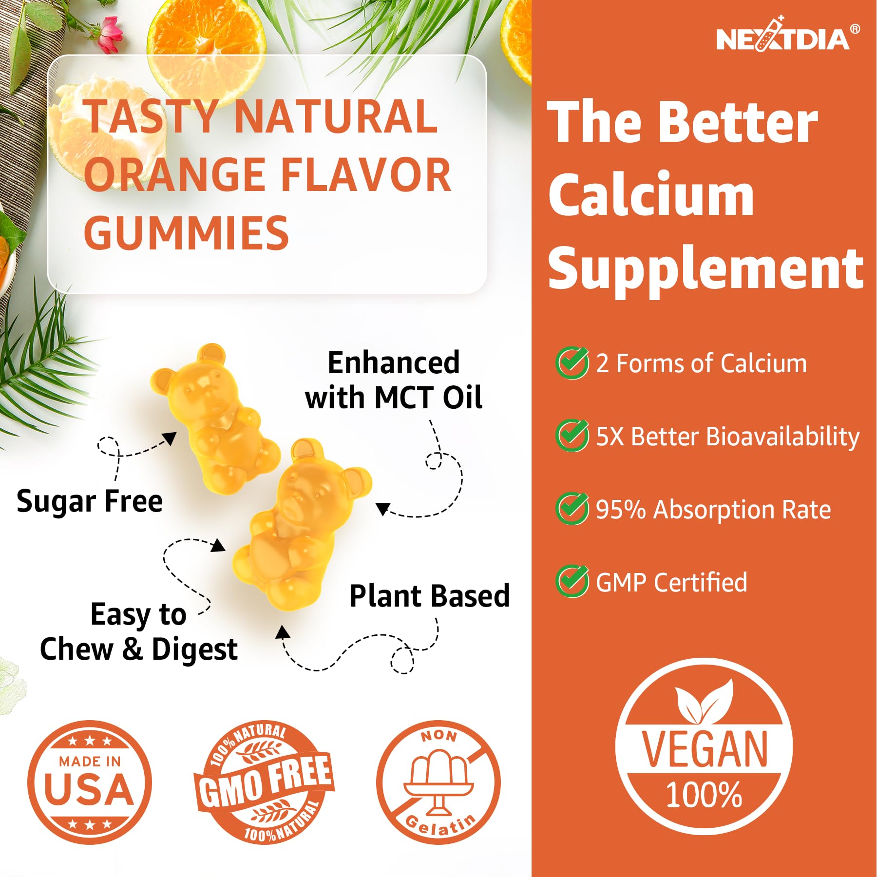 Nextdia calcium gummies on-the-go packaging, easy daily wellness chews.