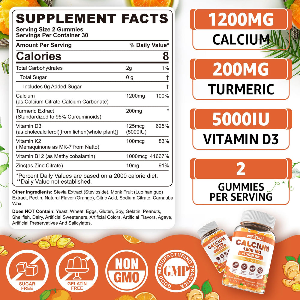 Nextdia Calcium Gummies orange-flavor closeup, supports bone health with turmeric and essential vitamins.