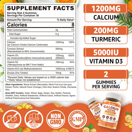 Nextdia Calcium Gummies orange-flavor closeup, supports bone health with turmeric and essential vitamins.