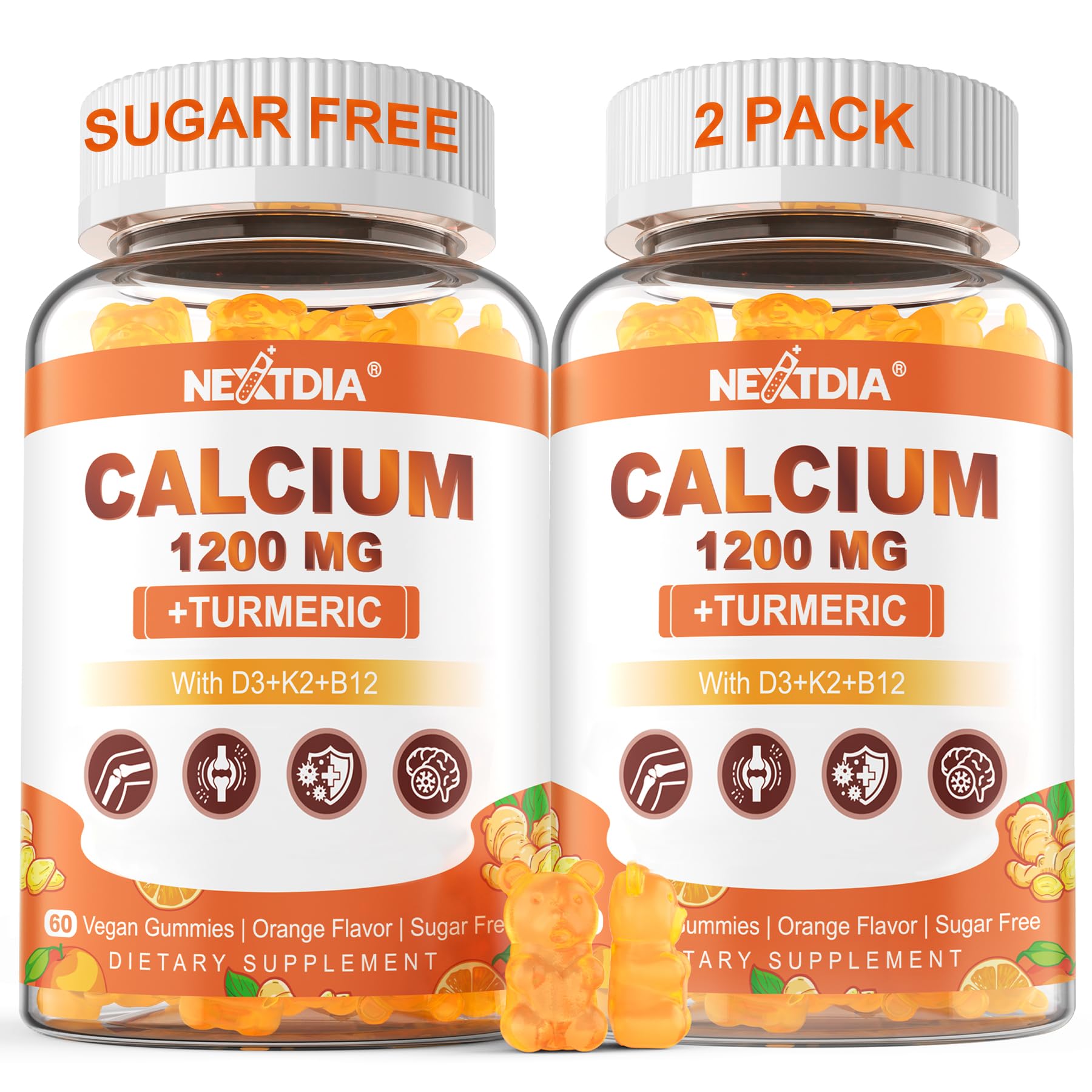 Nextdia Calcium Gummies Turmeric bottle, convenient chewable for daily bone support.