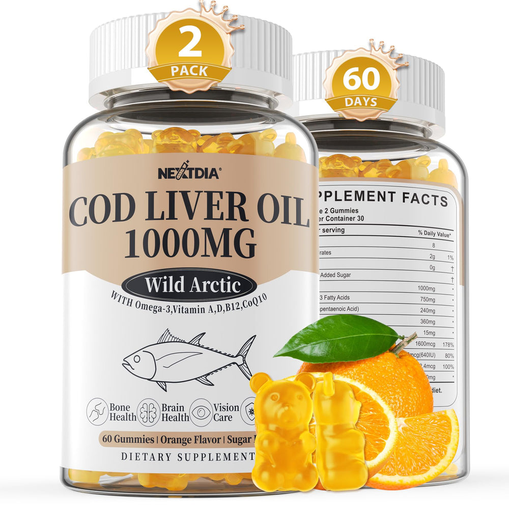Nextdia Cod Liver Oil Gummies pack showing the label for daily omega-3 support.