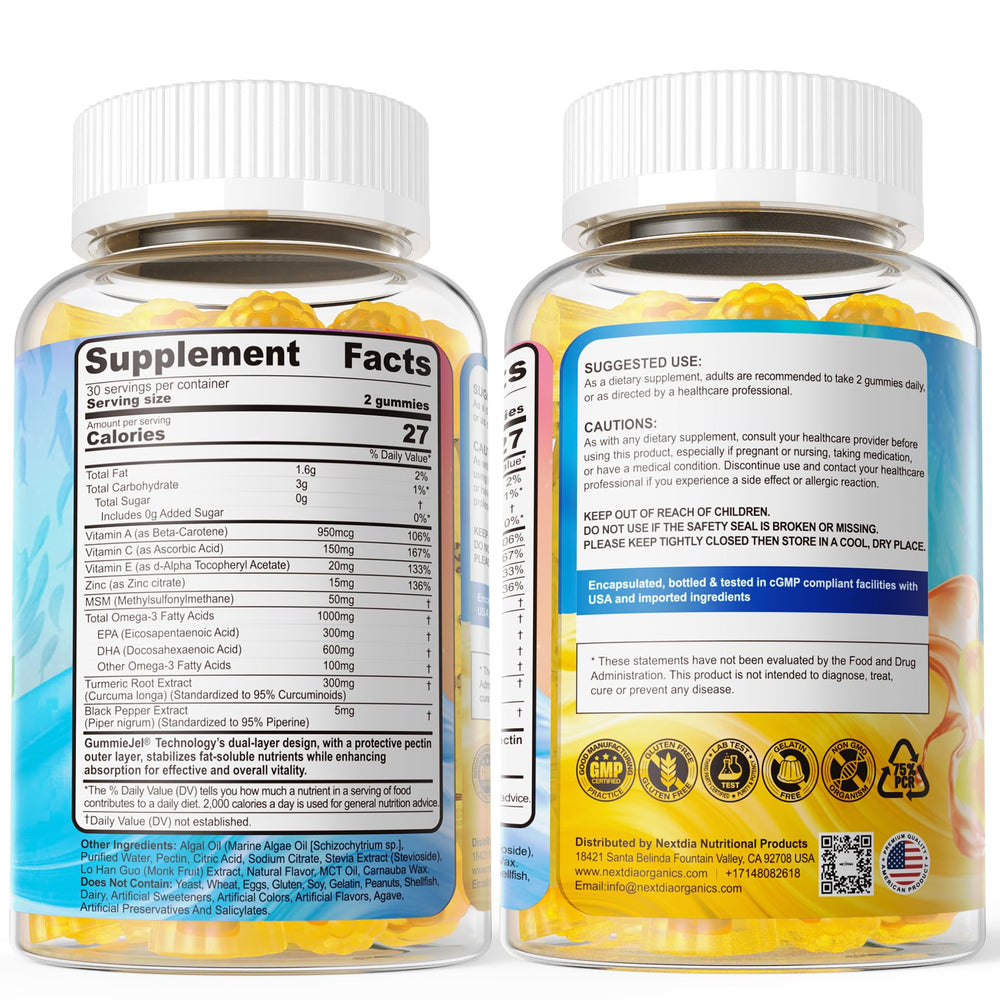 Nextdia daily-use scene with omega-3 gummies and water.