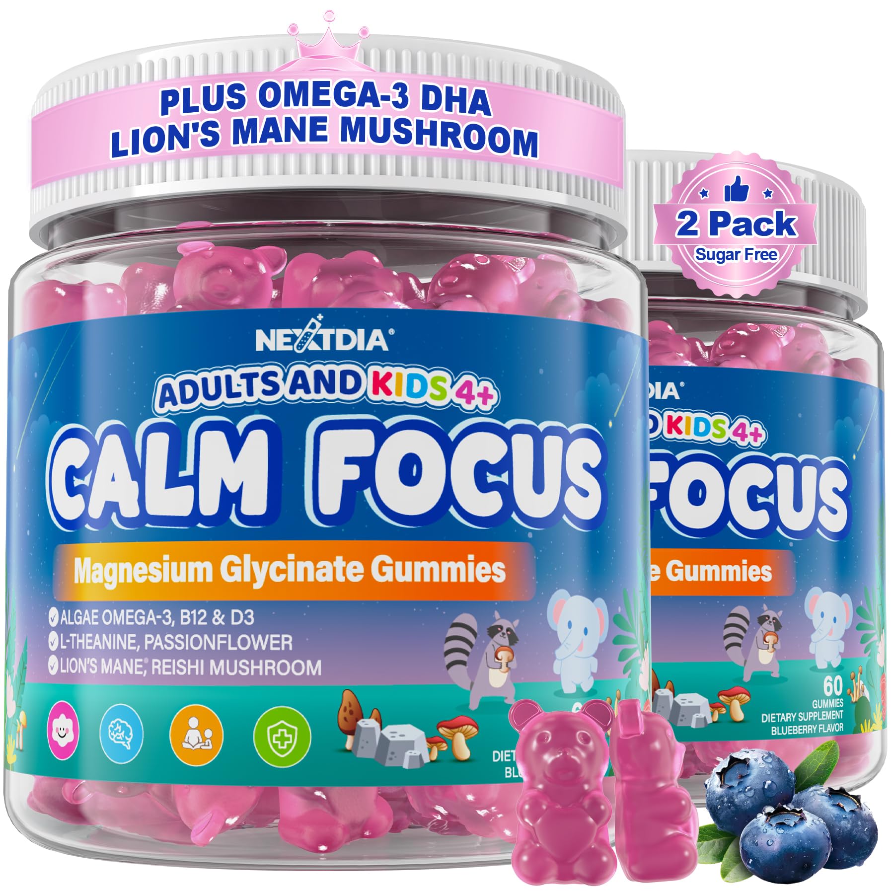 Nextdia Focus Gummies bottle front promoting calm focus for kids and adults.