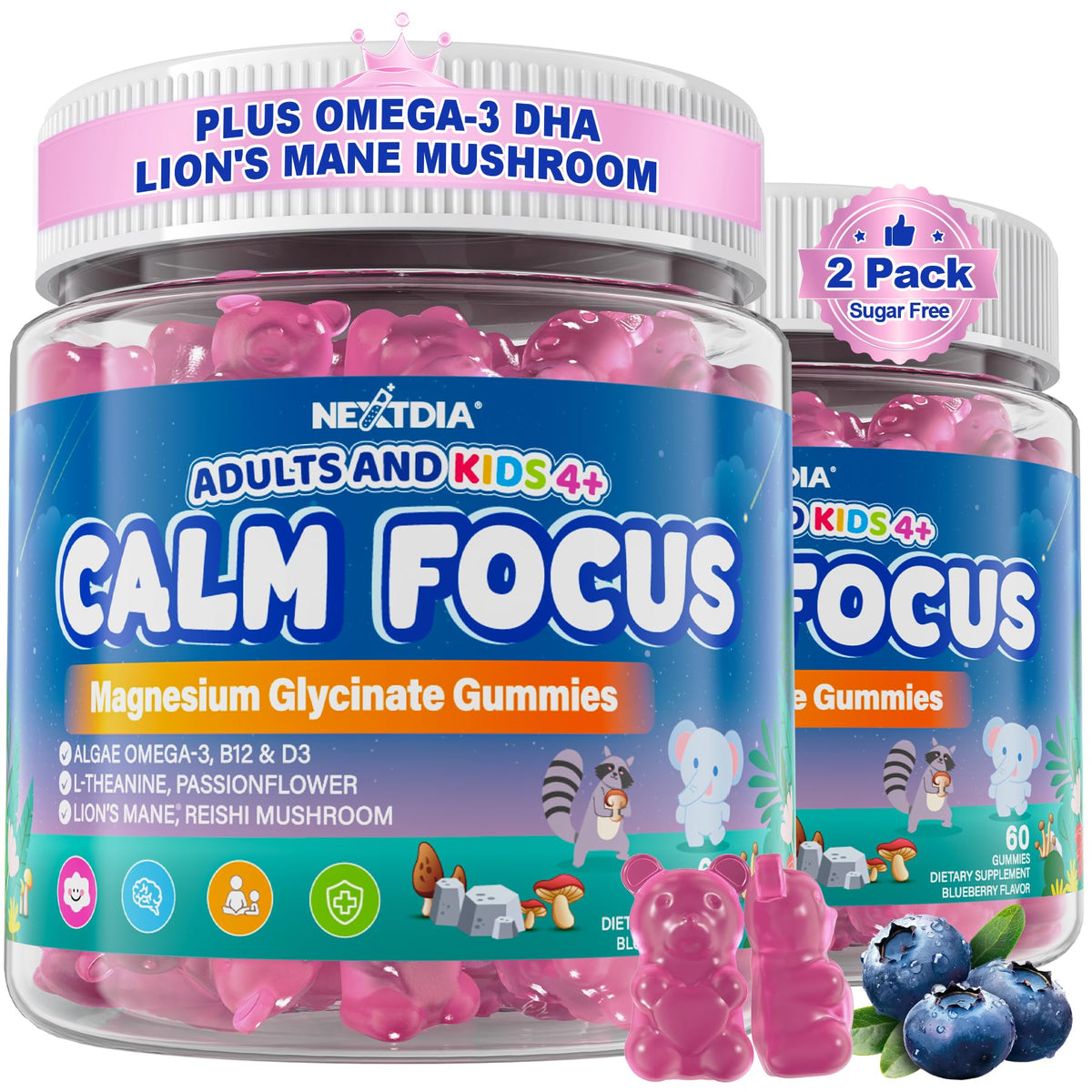 Nextdia Focus Gummies bottle front promoting calm focus for kids and adults.