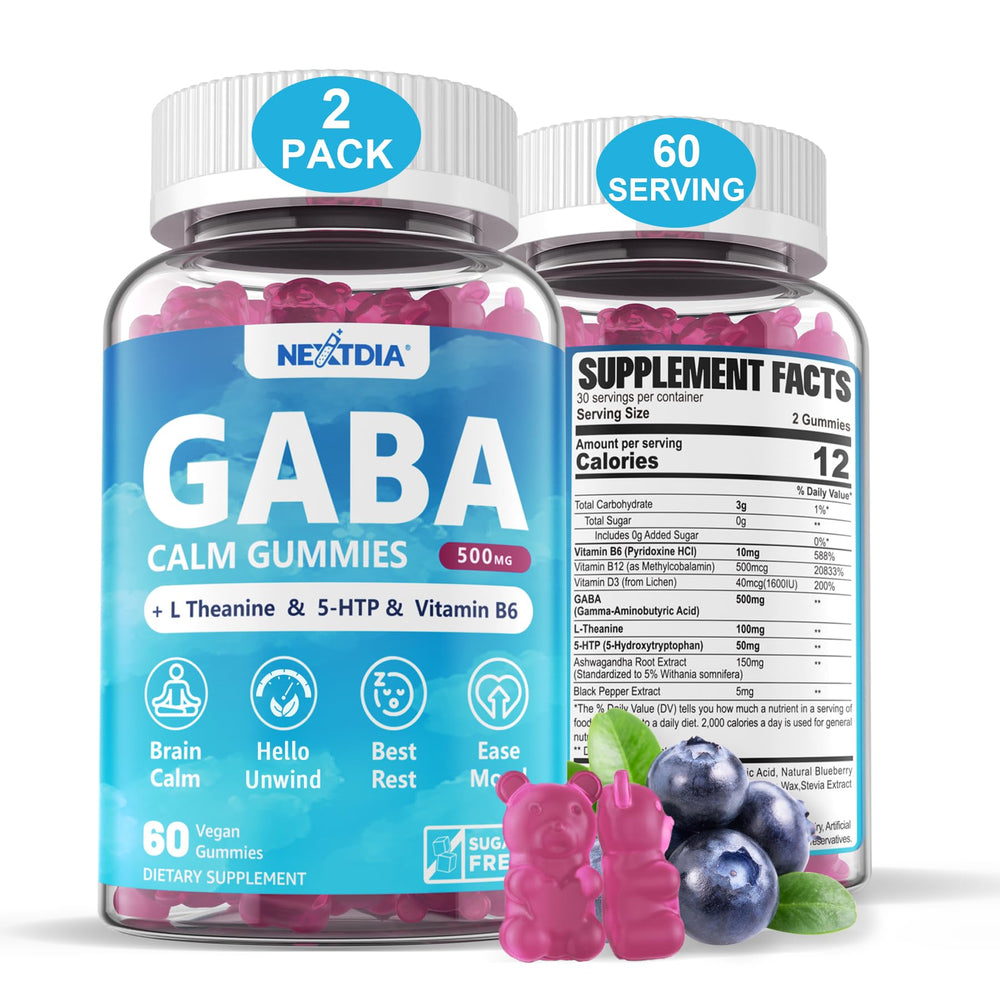 Nextdia GABA Gummies 500mg blueberry bottle for calm mood support.