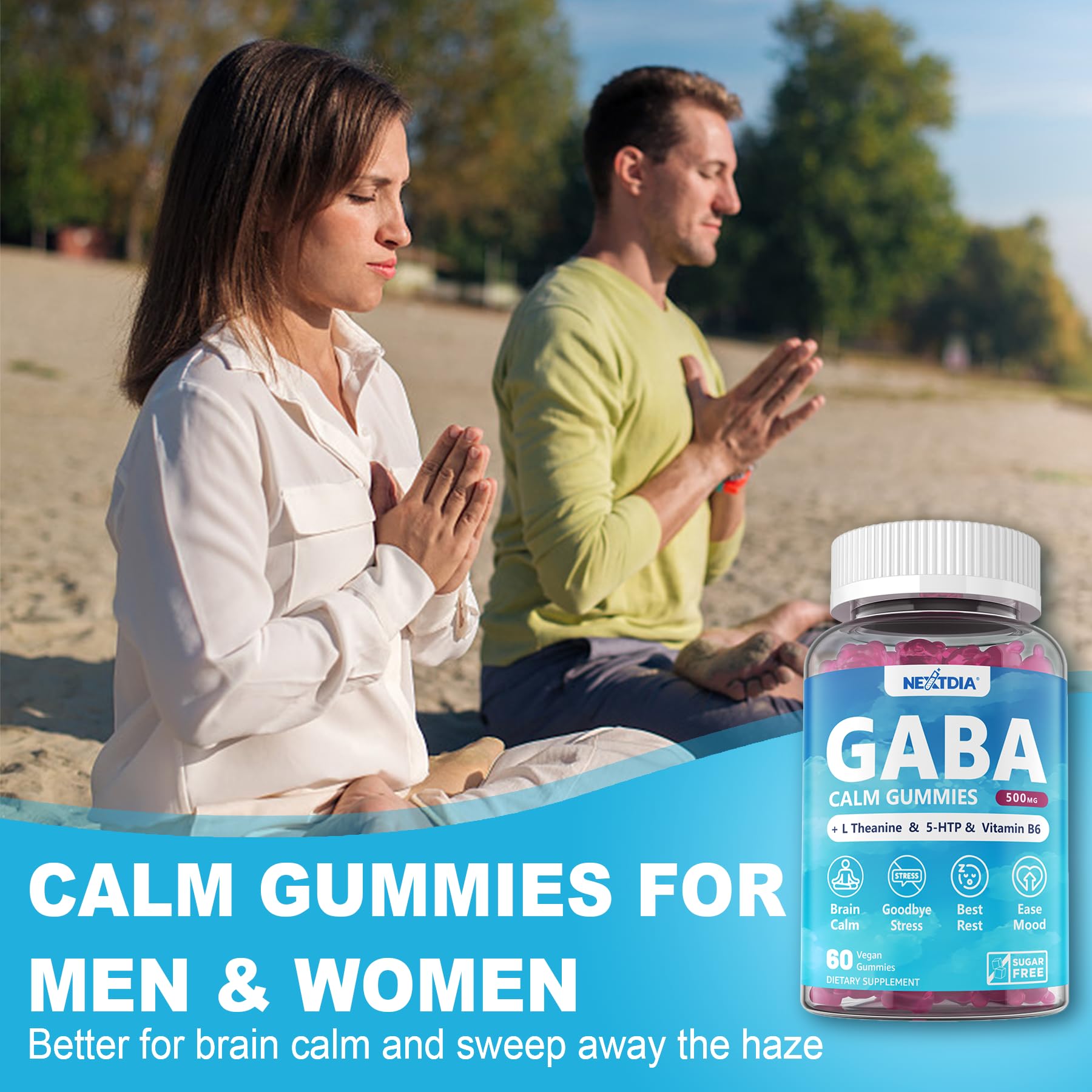 Nextdia GABA Gummies vegan packaging emphasizing plant-based calm option.