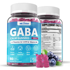 Nextdia GABA Gummies bottle label highlights sugar-free calm support.