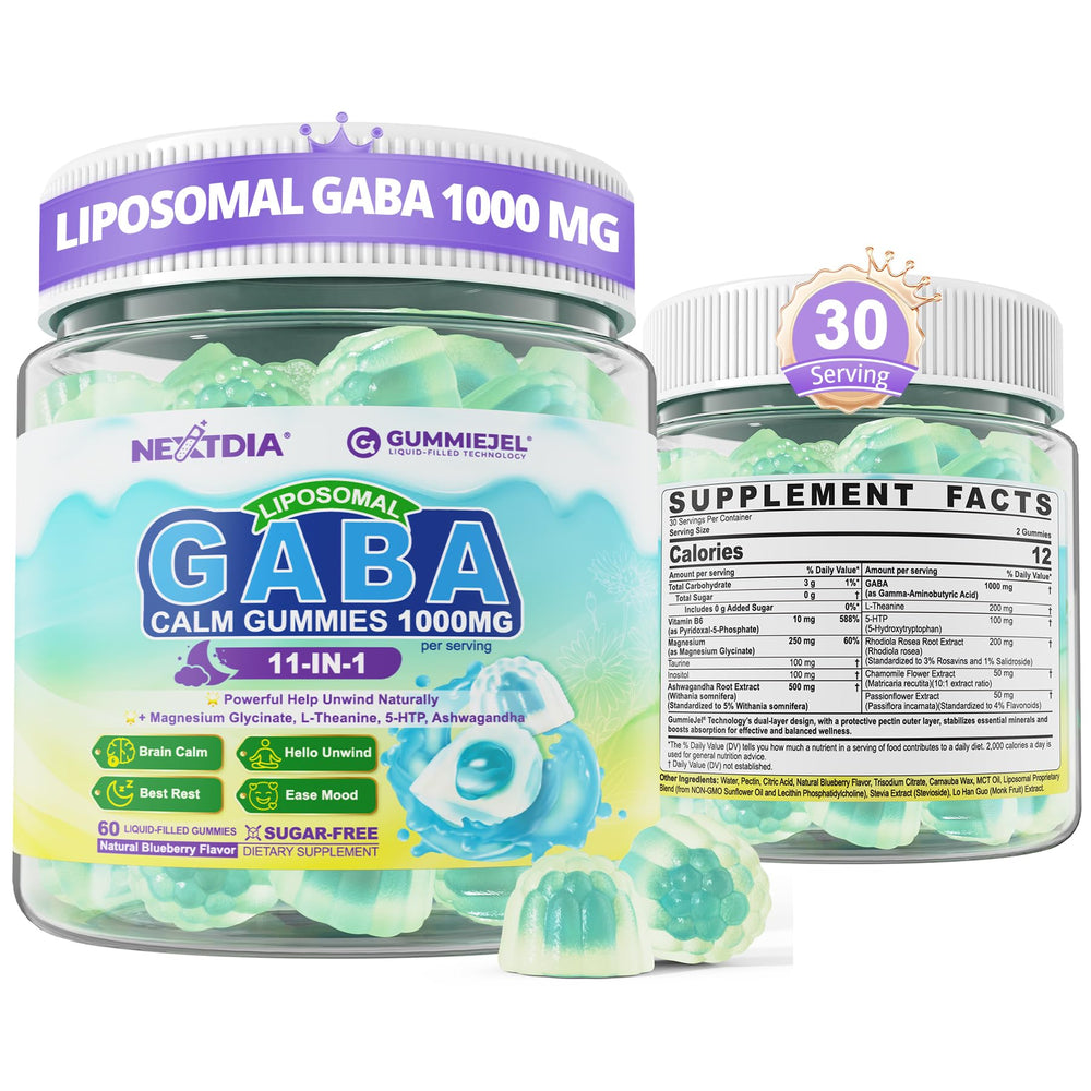 Nextdia GABA Gummies bottle pour supports daily calm and focus.