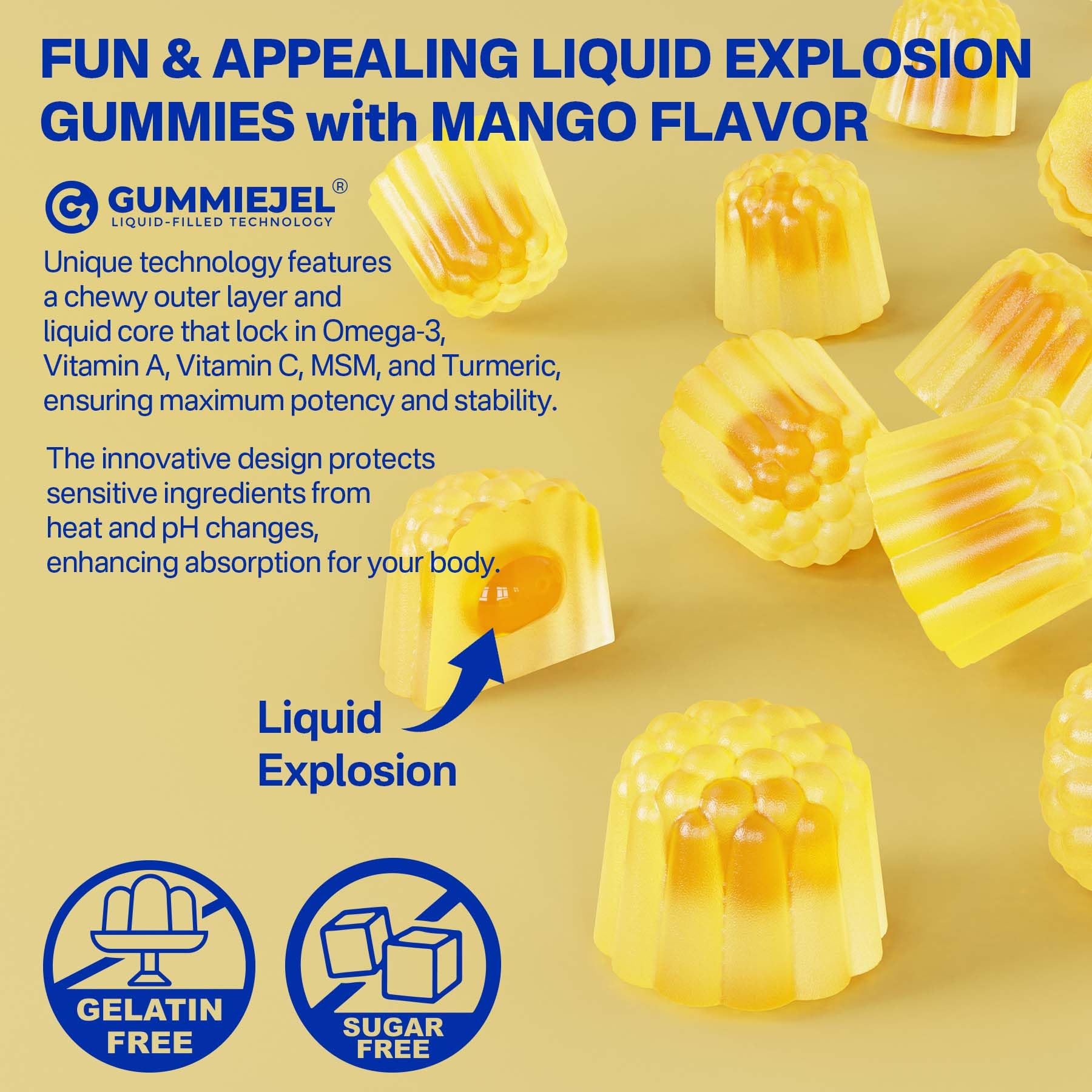 Gummy texture shot showing glossy, mango-flavored Nextdia gummy.