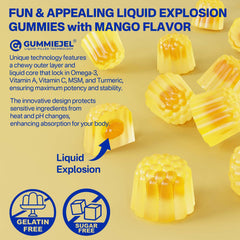Gummy texture shot showing glossy, mango-flavored Nextdia gummy.