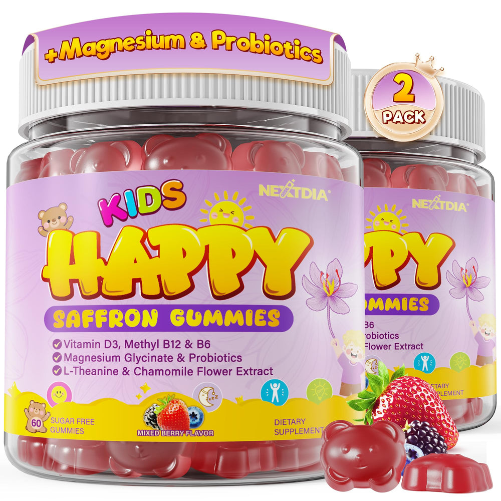 Nextdia Happy Saffron Gummies for Kids bottle supporting a calm daily routine