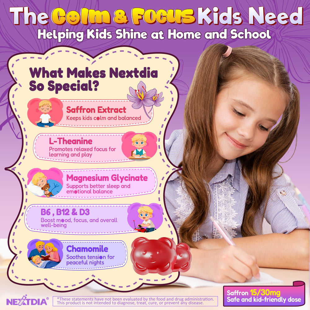 Nextdia Happy Saffron Gummies for Kids label highlights magnesium, saffron, and probiotics